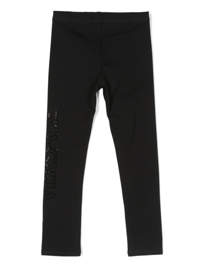 Versace Crystal-embellished Logo Leggings In Black