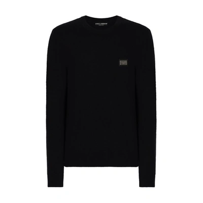 Shop Dolce & Gabbana Wool Round-neck Sweater With Branded Tag In Very_dark_blue