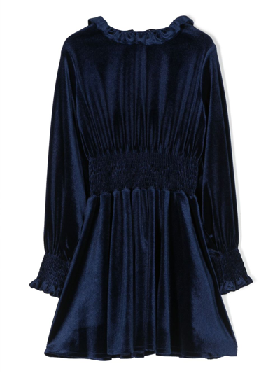 Shop Simonetta Velvet Long-sleeve Flared Dress In Blue