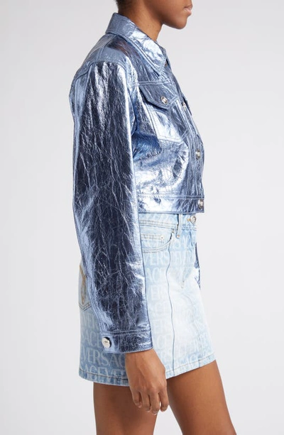 Shop Versace X Dua Lipa Medusa Metallic Leather Crop Jacket In Lavander