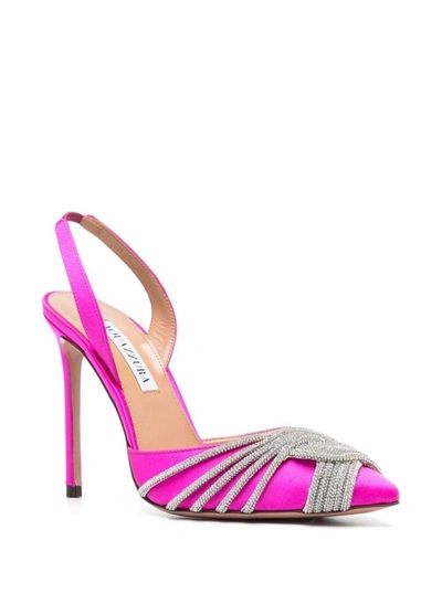 Shop Aquazzura Piink 'gatsby' Sling-back Pumps Satin Effect With Crystal Embellishment In Lamb Skin Woman In Pink