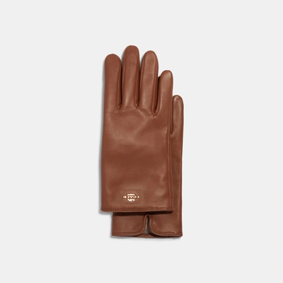 Shop Coach Outlet Coach Plaque Leather Tech Gloves In Brown