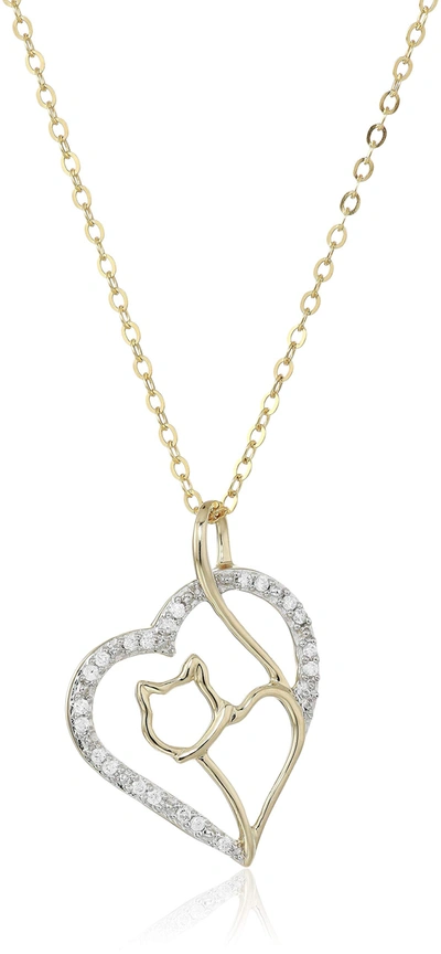 Vir Jewels 1/10 Cttw Diamond Cat And Heart Pendant 14k Yellow Gold 18 Inch Chain In Silver