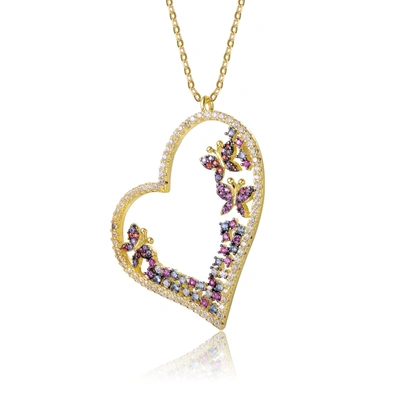 Shop Genevive Sterling Silver 14k Gold Plated Multi Colored Cubic Zirconia Heart Necklace In Purple