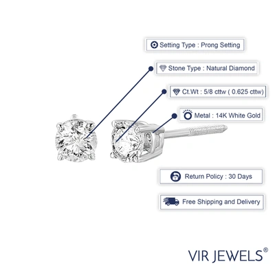 Vir Jewels 5/8 Cttw Certified Diamond Stud Earrings 14k White Gold Round With Screw Backs In Silver
