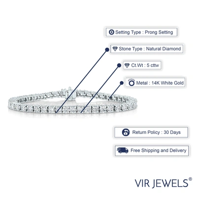 Vir Jewels 5 Cttw I1-i2 Clarity Diamond Bracelet 14k White Gold Tennis Round Prong 7 Inches In Silver
