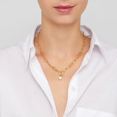 Adornia 8mm Cultured Pearl Charm Paperclip Chain Toggle Necklace In White