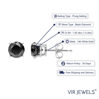 Vir Jewels 1.50 Cttw Black Diamond Stud Earrings 14k White Gold Round Push Backs 4 Prong Basket