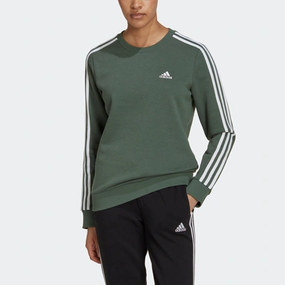 Adidas Originals Adidas Women's 3-stripe Cotton Fleece Crewneck Sweatshirt  In Green Oxide/white | ModeSens