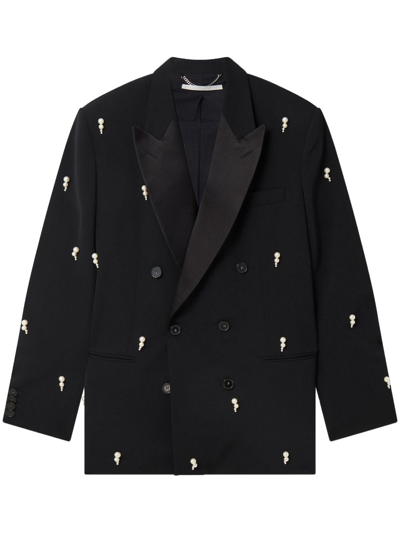 Shop Stella Mccartney Pearl-embroidered Double-breasted Blazer In Black