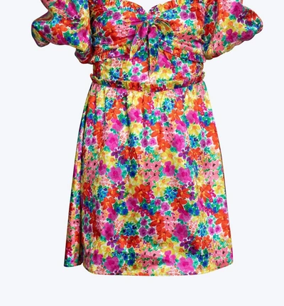 Shop For Love & Lemons Merrill Puff Sleeve Open-back Satin Jacquard Mini Dress In Multi