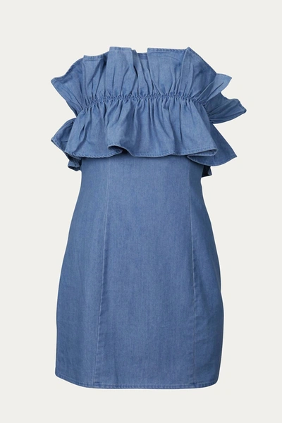 Shop Do + Be Strapless Ruffled Denim Mini Dress In Blue
