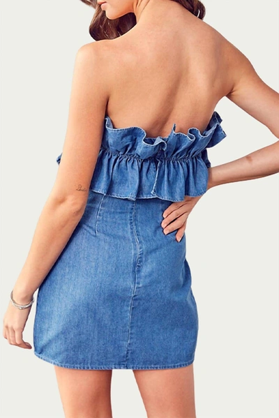Shop Do + Be Strapless Ruffled Denim Mini Dress In Blue