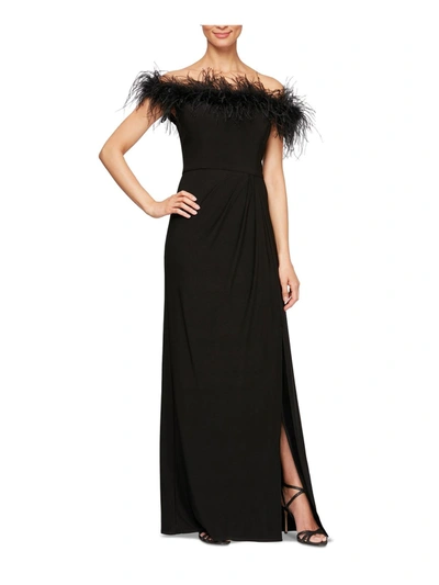 Shop Alex Evenings Womens Faux Feather Trim Long Evening Dress In Black