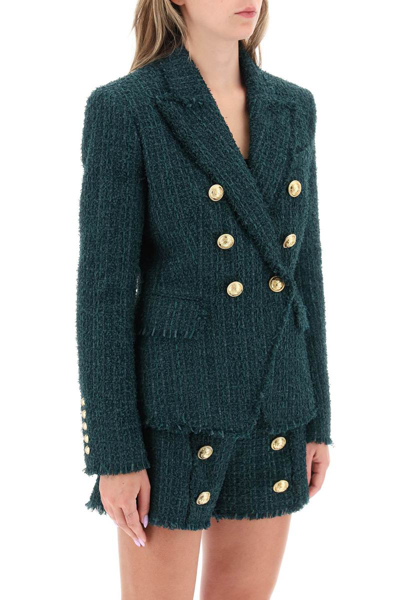 Shop Balmain Double-breasted Jacket In Tweed In Green