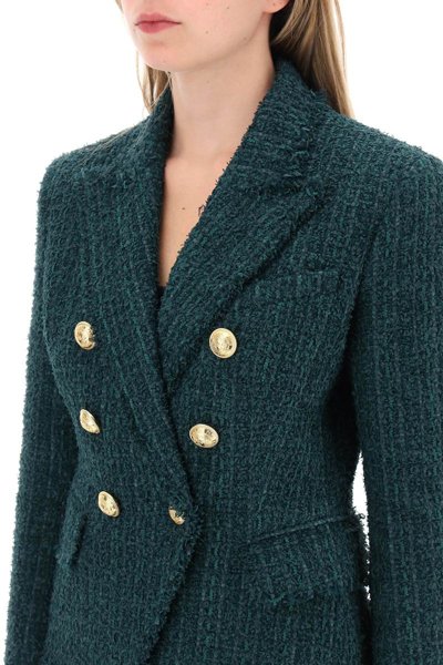 Shop Balmain Double-breasted Jacket In Tweed In Green