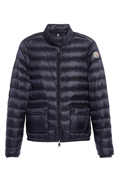 Shop Moncler Lans Channel Quilted Down Moto Jacket In Navy