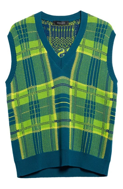 Shop Versace Tartan Plaid Cotton Sweater Vest In 2va90-teal Green