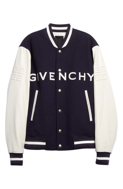 Shop Givenchy Embroidered Logo Mixed Media Leather & Wool Blend Varsity Jacket In Navy/ White