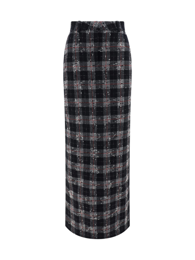 Alessandra Rich Maxi Skirt In Boucle' Fabric With Check Motif In Black