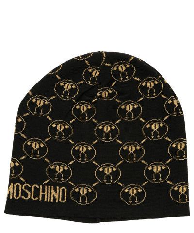 Shop Moschino Double Question Mark Wool Beanie In Black