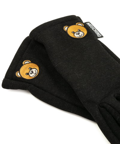 Shop Moschino Teddy Bear Wool Gloves In Black