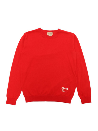 Shop Gucci Kids Logo Intarsia Crewneck Jumper In Red