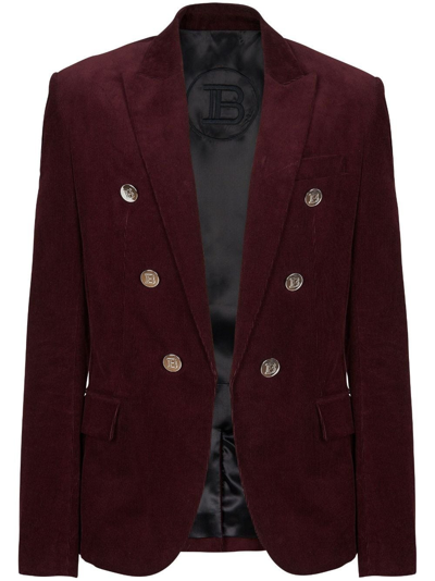 Shop Balmain Ribbed Burgundy Double-breasted Blazer In Red
