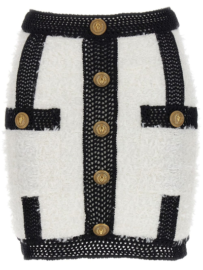 Shop Balmain Black And White Tweed Skirt With Logo Buttons In Multicolore