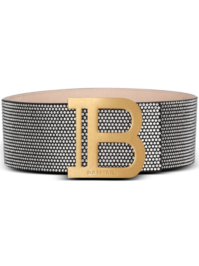 Shop Balmain Silver Belt With Rhinestones And Gold Buckle