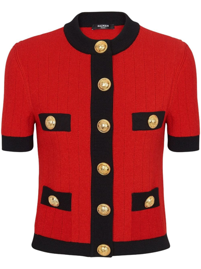 Shop Balmain Red Short-sleeved Crop Cardigan