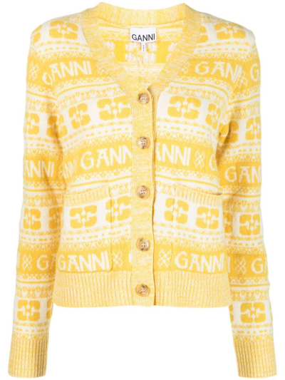 Shop Ganni Wool Blend Cardigan With Logo In Yellow