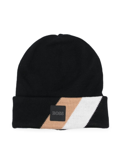 Shop Bosswear Stripe-print Logo-patch Beanie Hat In Black
