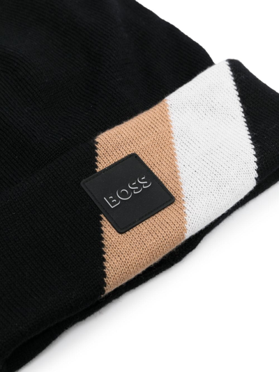 Shop Bosswear Stripe-print Logo-patch Beanie Hat In Black