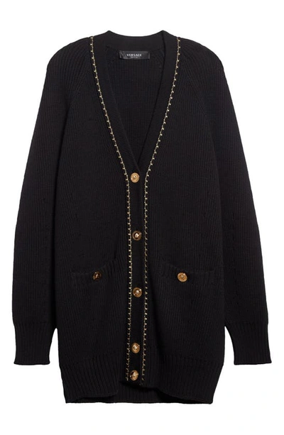Shop Versace Metallic Stitch Detail Wool Cardigan In 1b000 Black