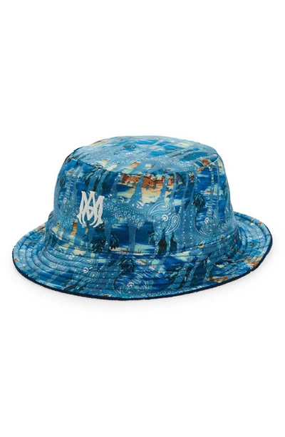 Shop Amiri Reversible Tropical Bandana Print Silk Twill Bucket Hat In Teal