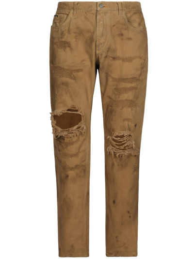 Shop Dolce & Gabbana Ripped Slim-fit Jeans In Brown
