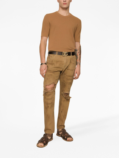 Shop Dolce & Gabbana Ripped Slim-fit Jeans In Brown