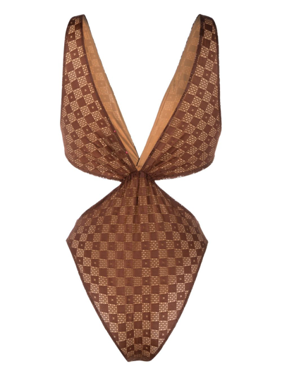 Shop Forte Forte Monogram-pattern V-neck Bodysuit In Brown