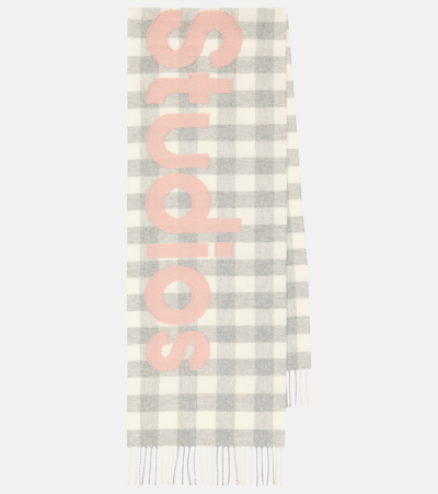 Shop Acne Studios Logo Checked Wool-blend Scarf In Grey