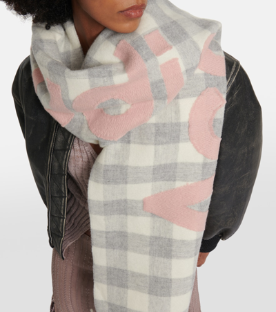 Shop Acne Studios Logo Checked Wool-blend Scarf In Grey