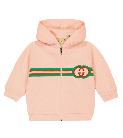 Shop Gucci Baby Web Embroidered Cotton Hoodie In Pink