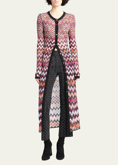 Shop Missoni Metallic Chevron Knit Buttoned Long Cardigan In Dark Pink Tones L