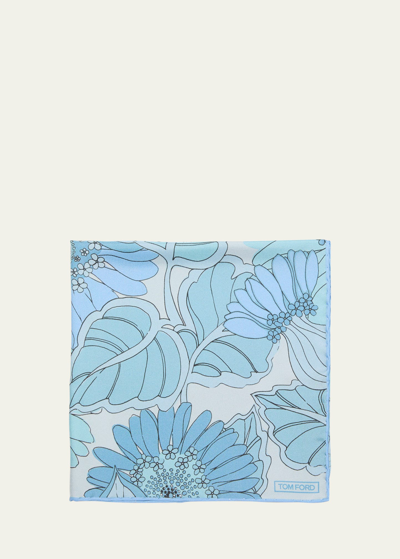 Shop Tom Ford Men's Floral-print Silk Pocket Square In Blue