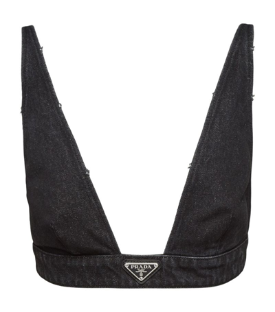 Shop Prada Denim Triangle Logo Top In Black