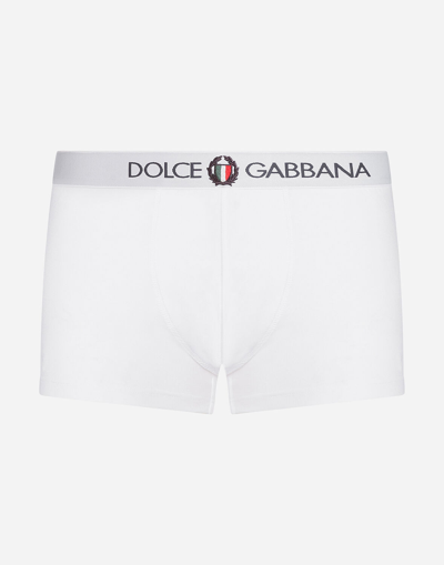 Dolce & Gabbana Two-way-stretch Jersey Regular-fit Boxers With Emblem In White