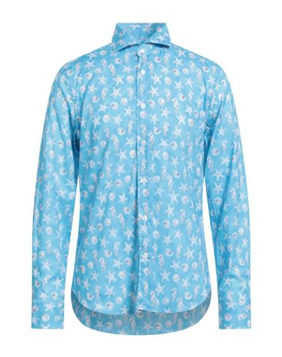 Fedeli Man Shirt Azure Size 16 ½ Cotton, Elastane In Blue