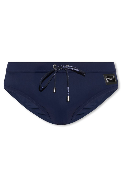 Shop Dolce & Gabbana Logo Patch Drawstring Swim Shorts In Navy