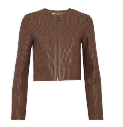 Shop Fendi Collarless Roundneck Leather Jacket In Brown