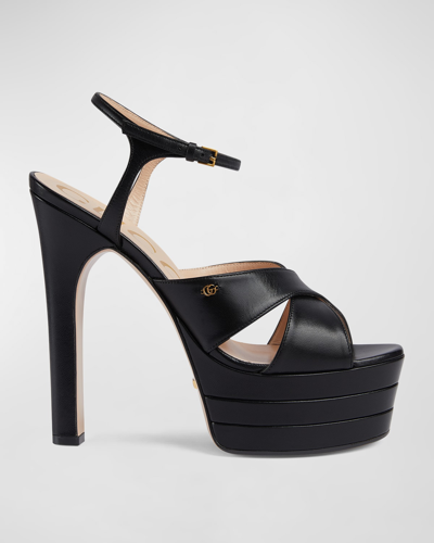 Shop Gucci Calfskin Crisscross Stiletto Platform Sandals In Black